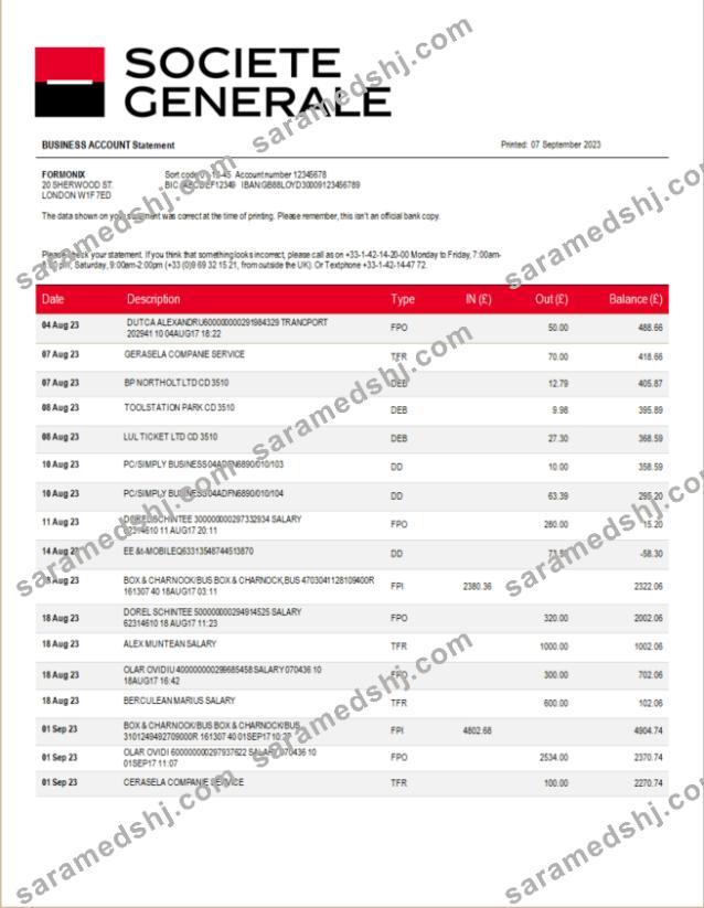 Societe Generale Bank firm account statement Word and PDF template